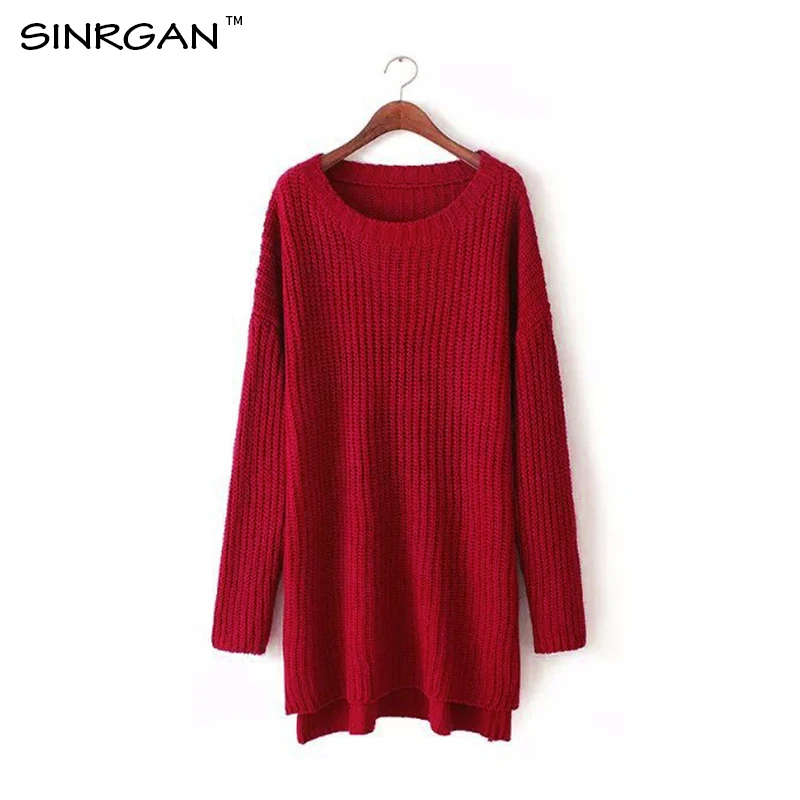 SINRGAN Fashion Sweater Women Long Sleeve Top Knitted Sweaters Pullovers High Split Casual Knitwear Basic Clothing | Женская одежда