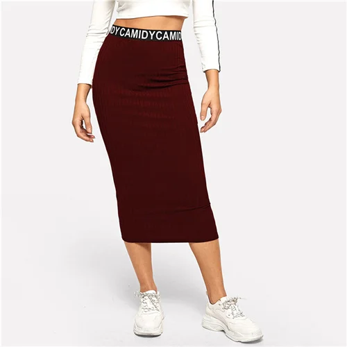 Burgundy SweatyRocks облегающая юбка в рубчик с буквенным принтом на талии, Обтягивающие юбки весна-лето, женские повседневные Облегающие юбки - Цвет: Burgundy