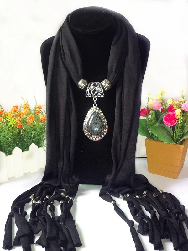 black Ожерелье из камня для шарфов, женское ожерелье с кисточками и шалью, очаровательное мягкое богемное ювелирное украшение, подарок для друзей - Окраска металла: black