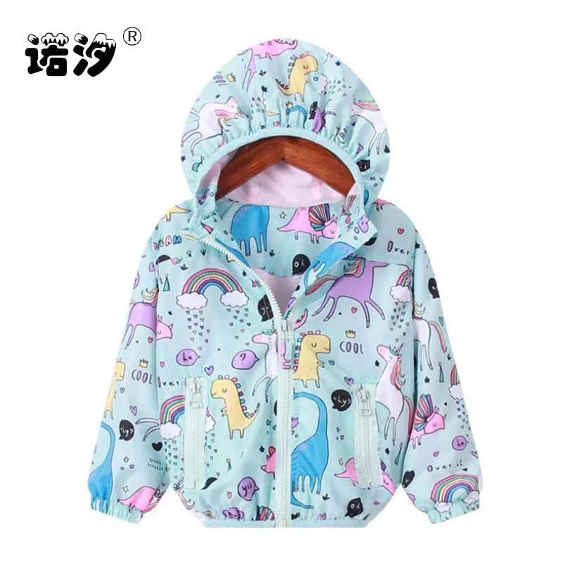 Ветровка для девочек с капюшоном динозавром на хлопковой подкладке теплая