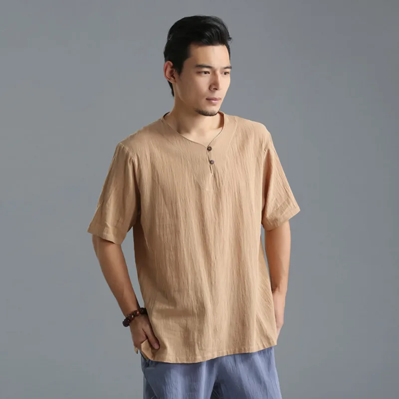Plus Size M-6XL Men's Pure Color Tops 2022 Summer Cotton Linen V-neck t-Shirt Flax Slim Casual Wood Button Short Sleeve | Мужская