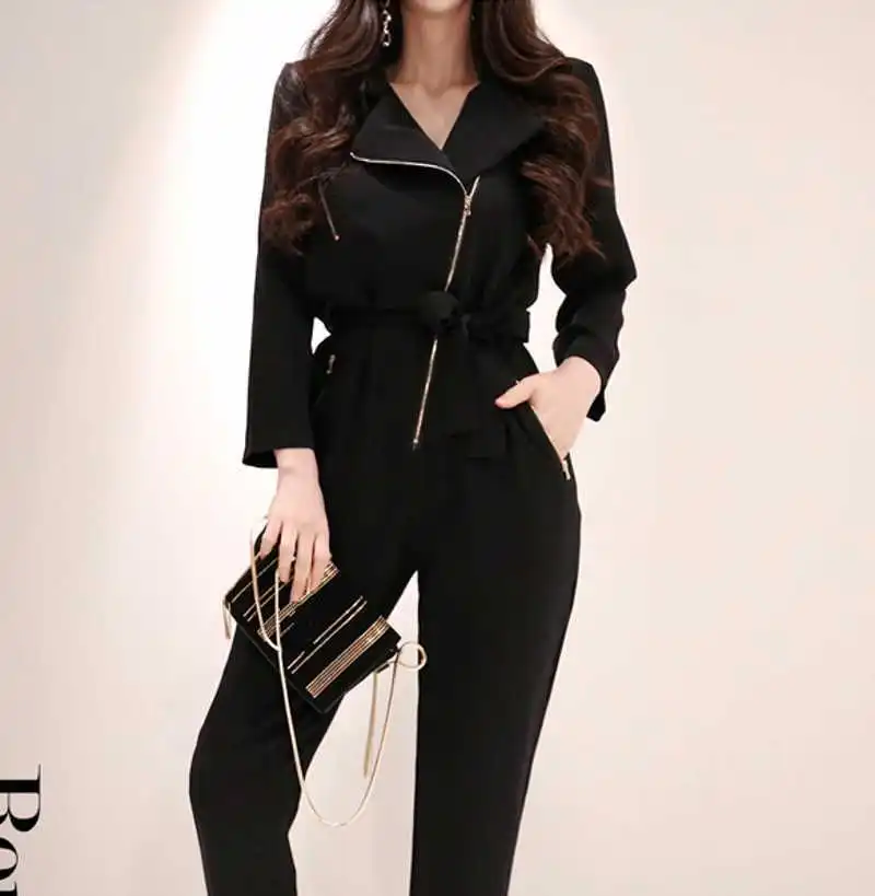 Женский свободный комбинезон с высокой талией черный повседневный в Корейском