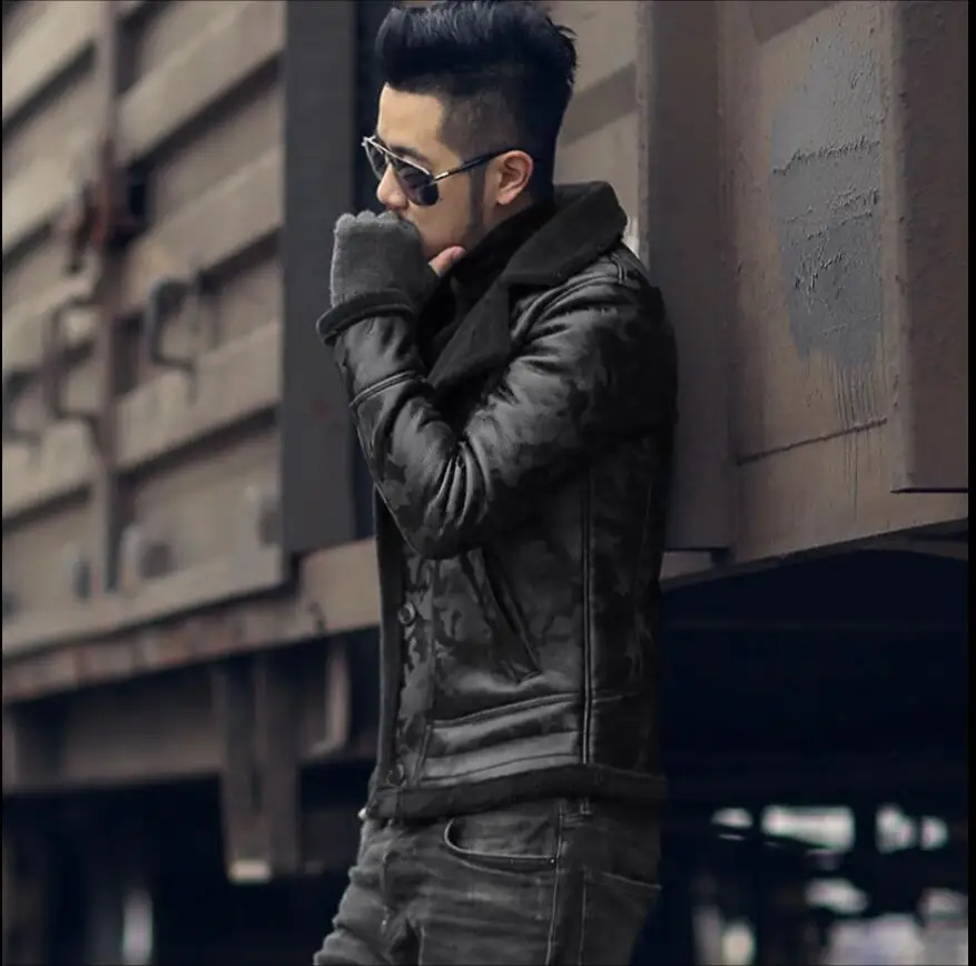 

S-3xl Winter Camouflage Faux Fur One Piece Lamb Woolen Warm Leather Jackets Men's Fur Collar Coat Plush Faux Leather Clothing