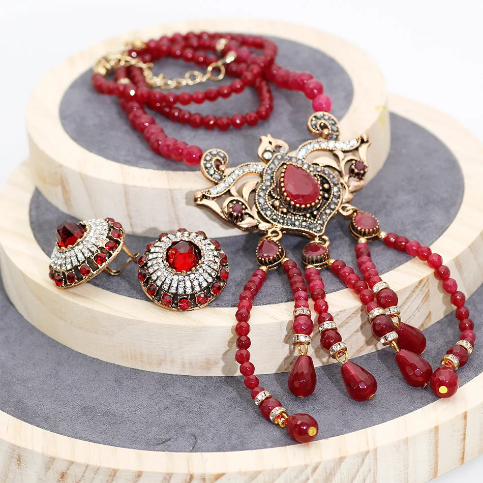 SUNSPICE MS Vintage Indian Wedding Red Natural Stone Jewelry Set Crystal Earring Long Bead Charm Necklace Antique Gold Color New | Украшения