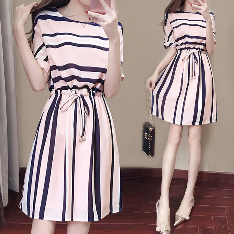 Bigsweety Women Summer Dress Female Korean Style Dresses O-neck Slim Mini A-line Short Sleeve Casual Stripe | Женская одежда