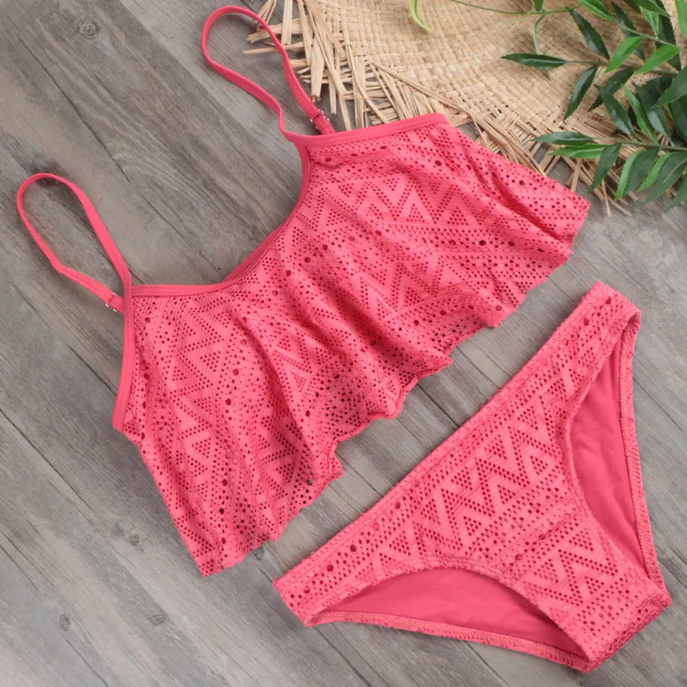 Женский комплект бикини с рюшами большого размера желтый кружевной сексуальный