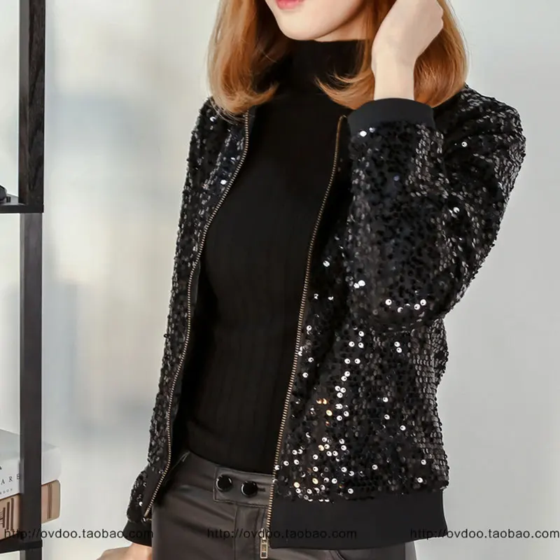 Весенне-осенняя Женская куртка 2019 модное пальто черная Базовая с блестками