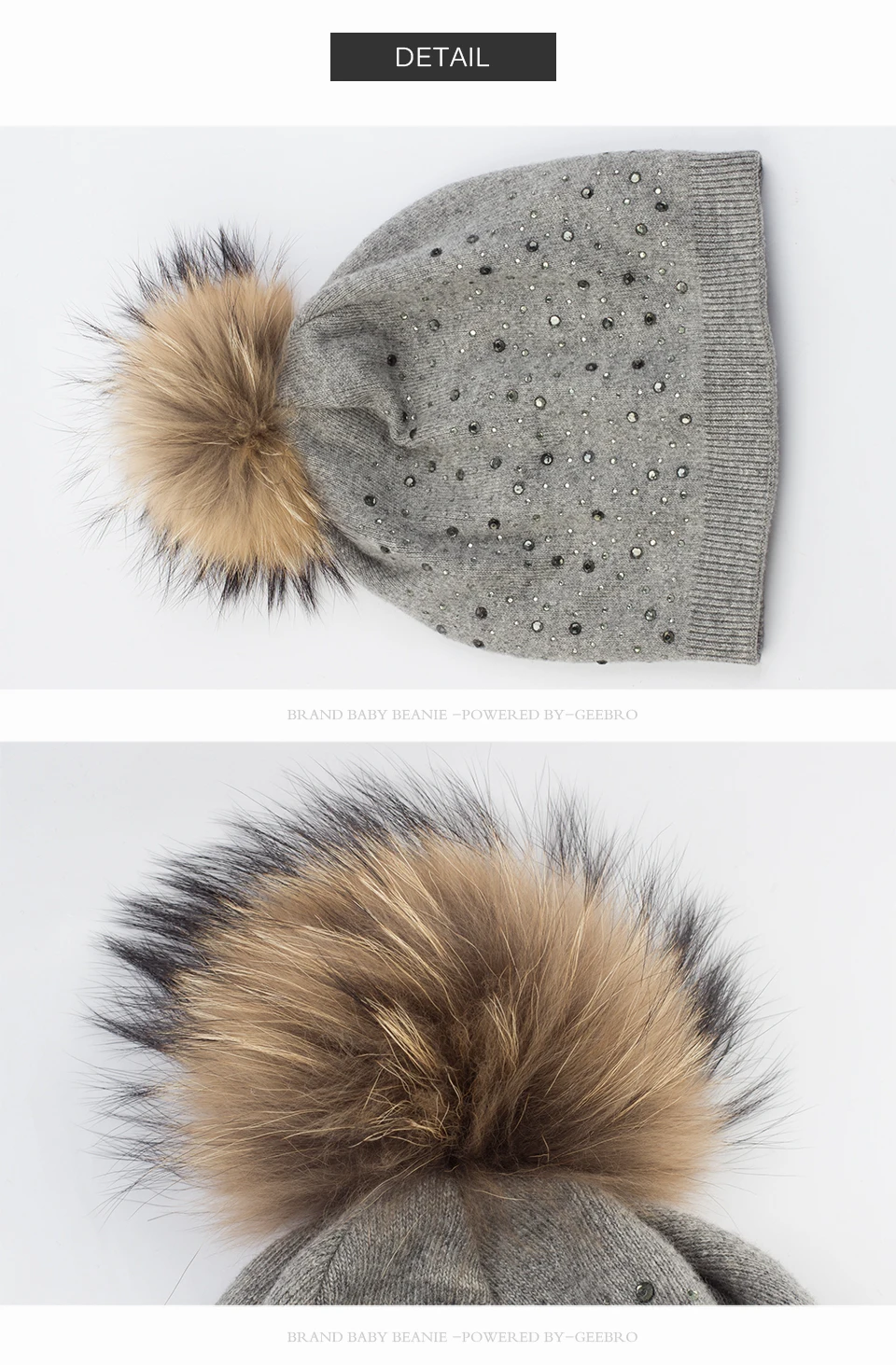 Geebro Для женщин помпонами Шапки зима теплая Вязание енота Мех животных Pom Beanie шапка для Для женщин Натуральный мех помпоном Skullies шапочки dq039