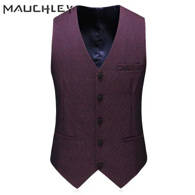Wedding Prom Suits for Men Slim Fit 3 Pieces / Set ( Jacket + Vest+Pants) Tailored Suits Wine Red Floral Jacquard 2018 MAUCHLEY