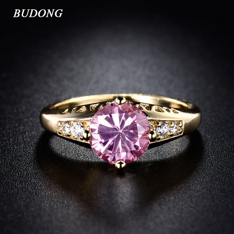 Женское кольцо для помолвки BUDONG розовое золотого цвета с кубическим цирконием R121