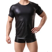 rock men s pu leather tops black short sleeve o neck sexy fitness punk night club wear t shirt male sexy vinyl leather tees