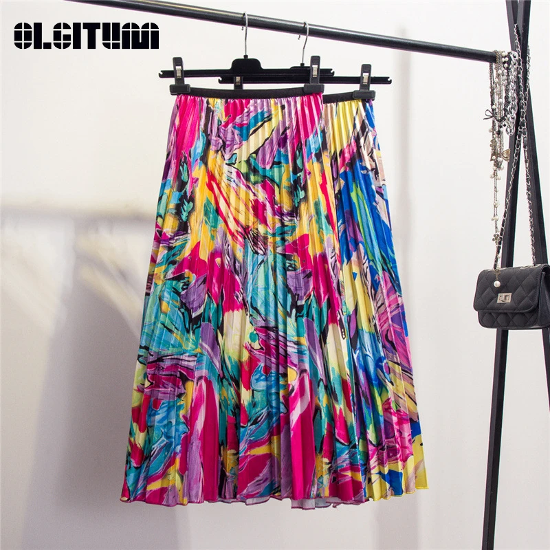 

New Arrival 2020 High Quality Women Pleated Skirt High Street Style A-Line Floral Pattern Mid-Calf Vacation Skirt falda de mujer