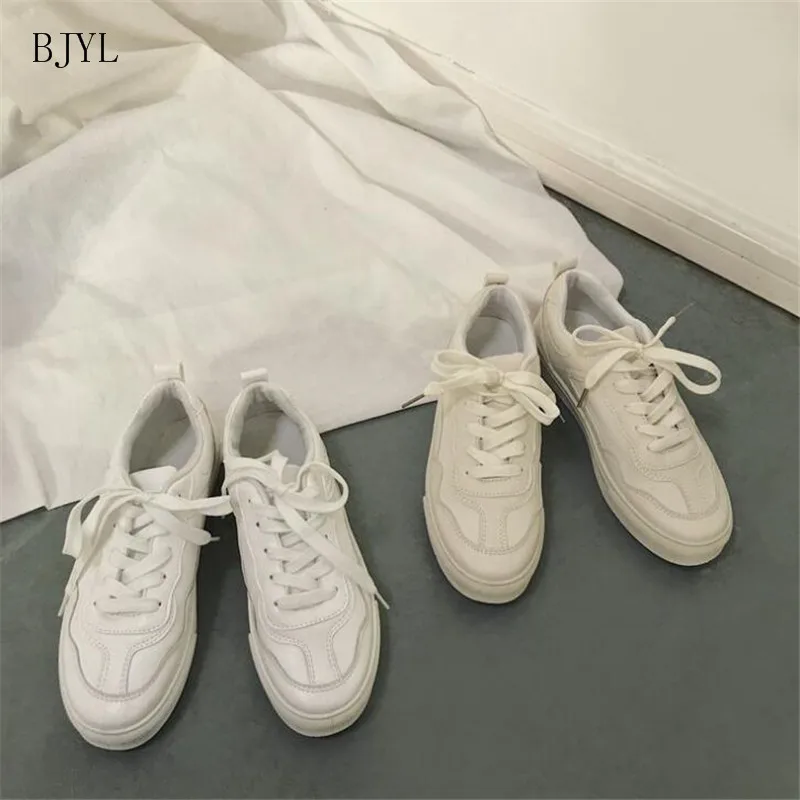 BJYL/Новинка весны 2019 tenis feminino Белые туфли на шнуровке Женская однотонная обувь из