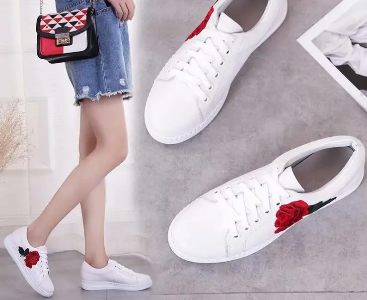 Peony embroidery national British style sports shoes real leather white women flat size 35-40 | Обувь