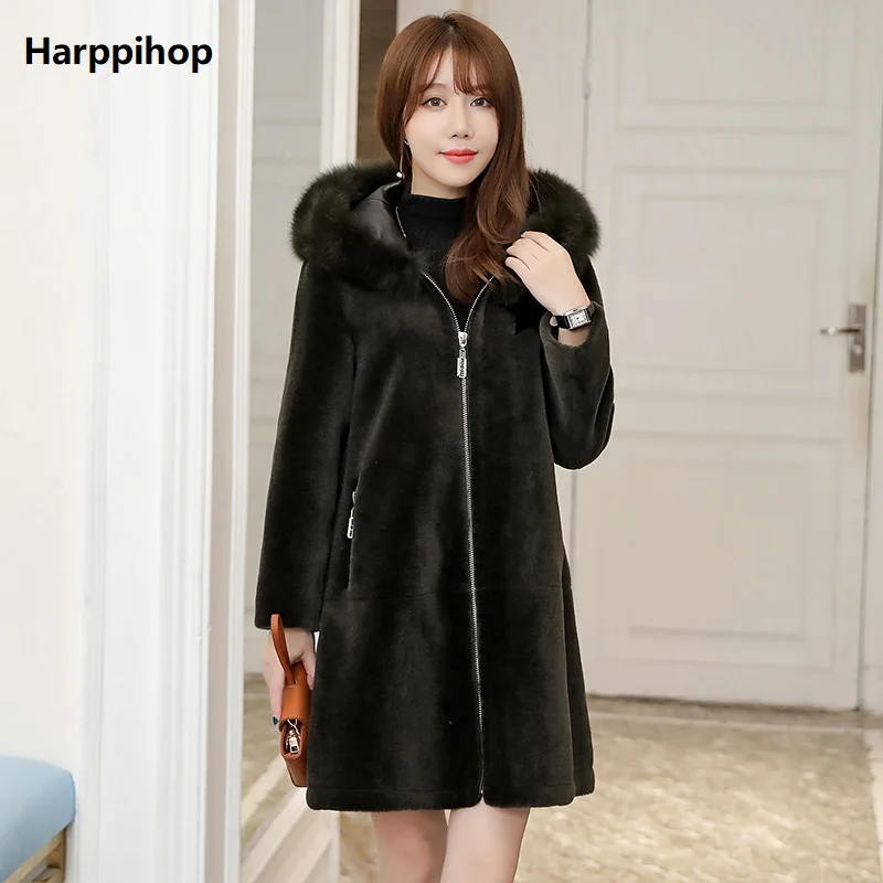 

2017 new Sheepskin Fur coat long style overcoat Korean fashion real fox fur collar with hood warm winter lady coat Harppihop