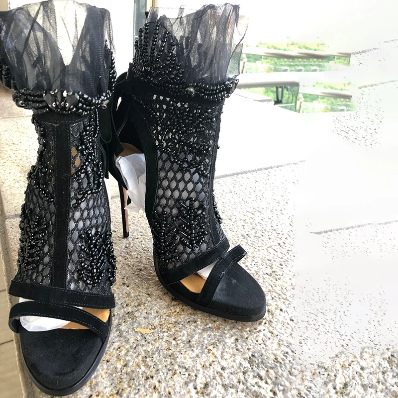 

2019 Black Rhinestone Studded Lace Sandals Women Peep Toe Embroidery Bead High Heels Ladies Shoes Woman Sexy Wedding Shoes