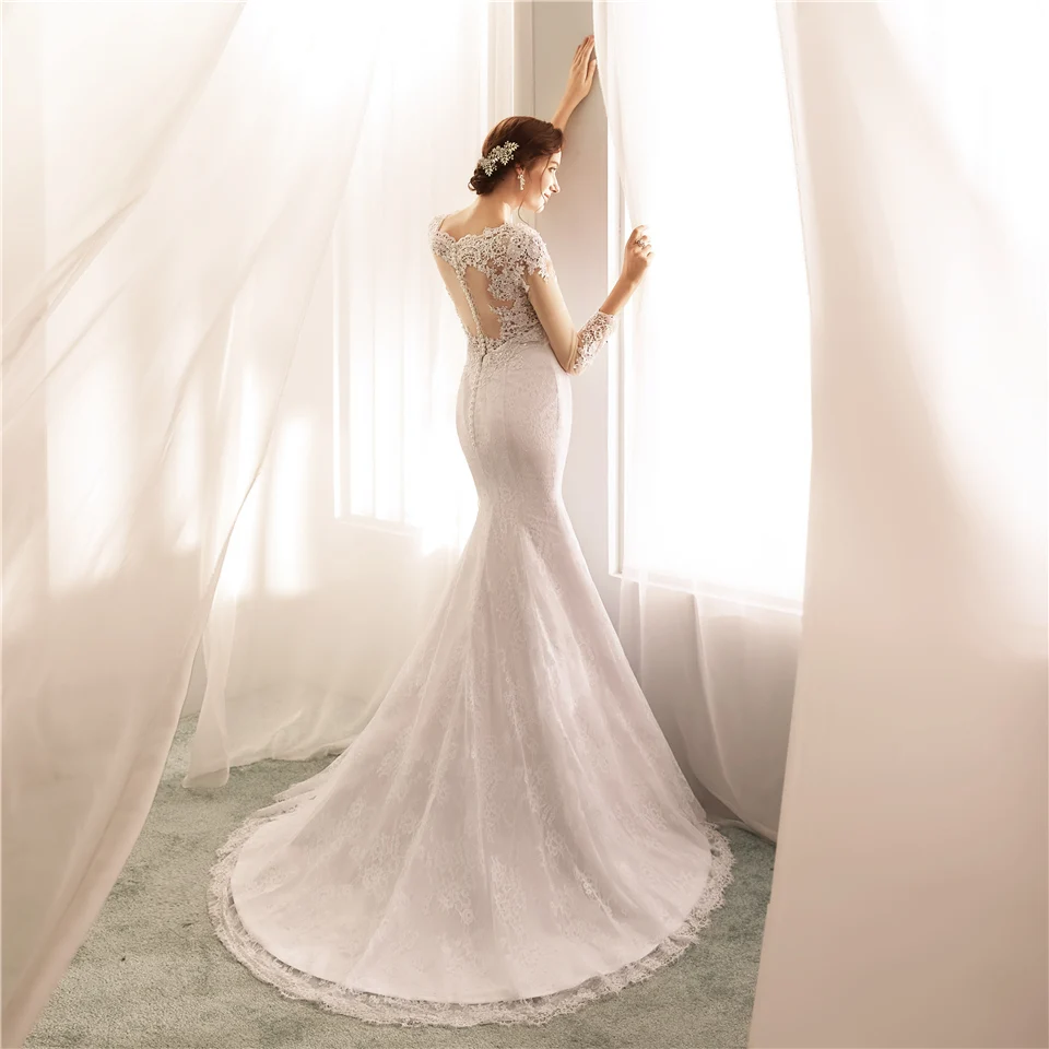 Ryanth Vestido de noiva иллюзия сзади свадебные платья Русалочки с длинными рукавами