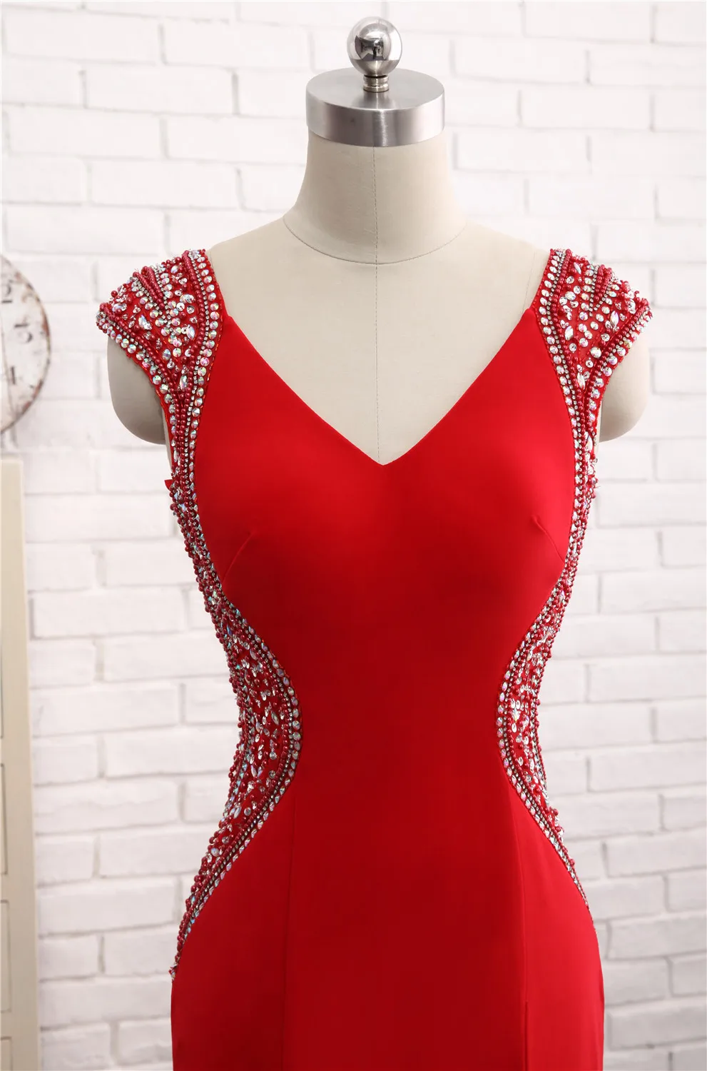 Красное вечернее платье 2017 Vestido de Festa Русалка v-образный вырез короткий рукав