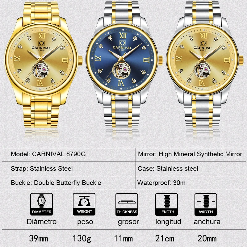 

CARNIVAL Men's Gold-tone Skeleton Wrist watch 30m Waterproof Stainless steel Crystal Mechanical Watches TopBrand Luxury relegio