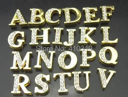 

New 130pcs/lot 8mm A-Z half rhinestones gold color diy slide charm letters fit for 8mm wristband