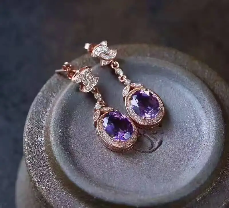 

Fashion natural amethyst drop earrings Natural gem stone earrings bow-knot round 925 silver female wedding earrings jewelry