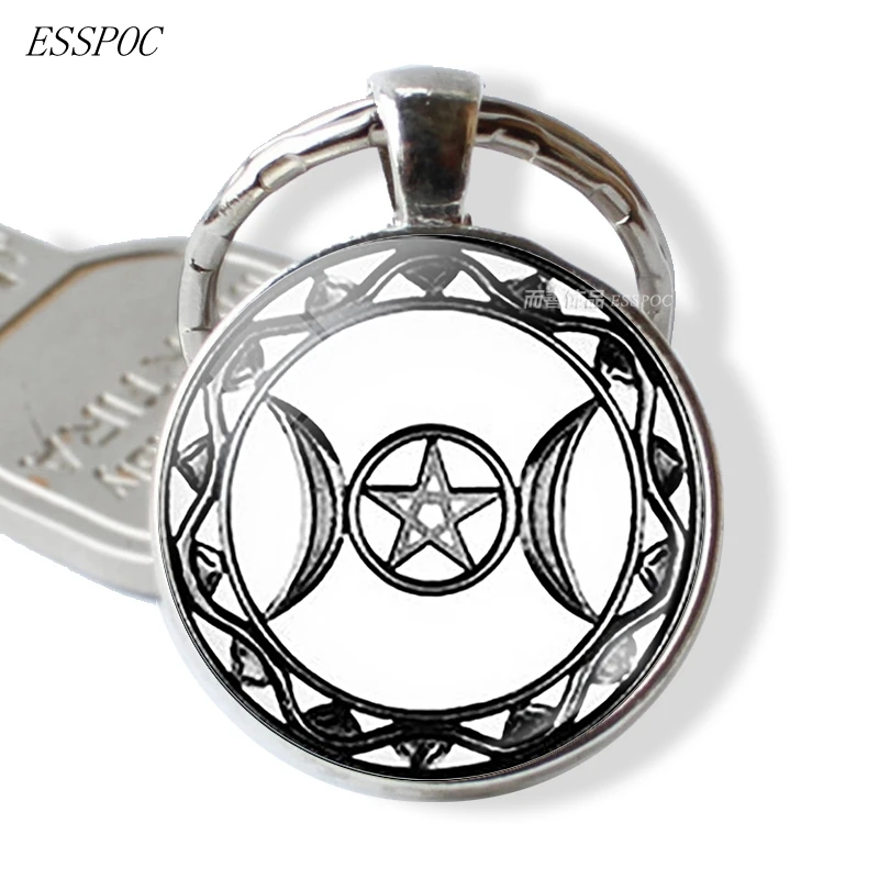 

Triple Moon Goddess Key Chain Glass Cabochon Pendant SilverColour Keychain Bag Decoration for Men Women