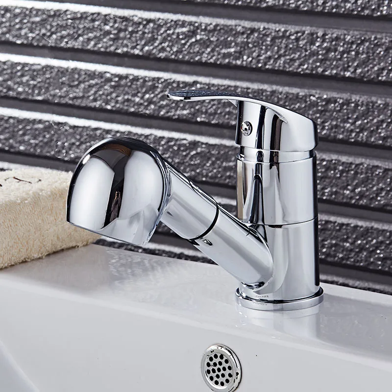 

Free Shipping new arrival pull out basin faucet chrome finished bathroom sink faucet with shower head wash basin mixer tap