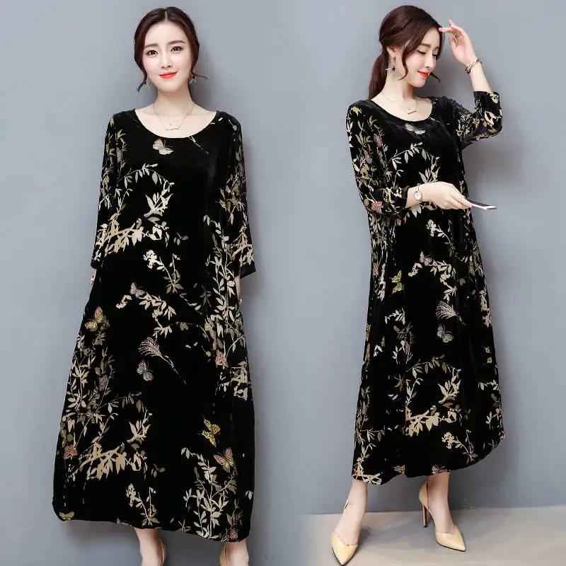 Plus Size 4XL Vintage Autumn Winter Dress Women Retro Print Gold Velvet Long Fashion T-Shirt Dresses RE2198 | Женская одежда