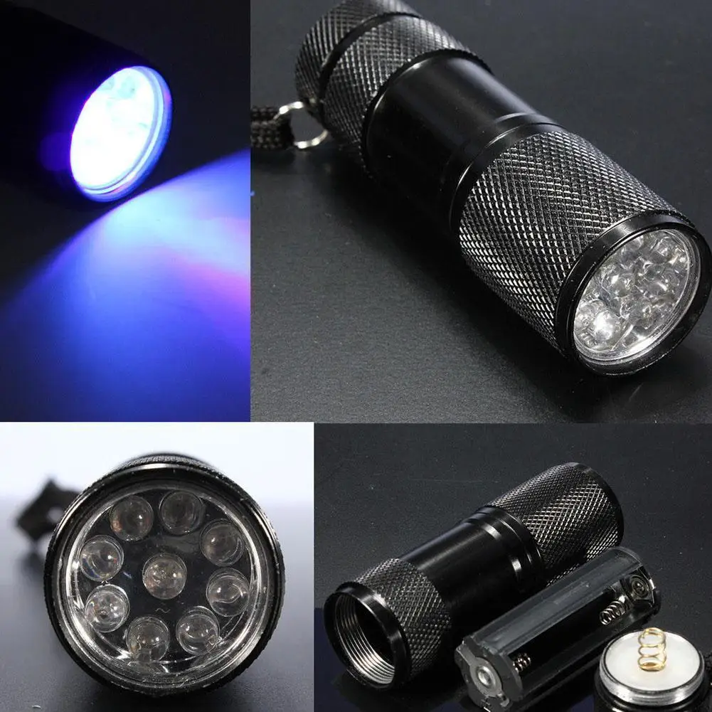 9LED алюминиевый УФ ультрафиолетовый фонарик фиолетовый свет AAA лампы черный |