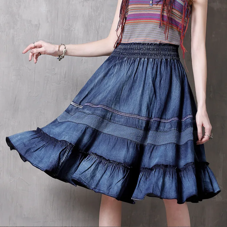 Юбки женские 2017 SIPAIYA новая джинсовая юбка миди с оборками трапециевидная