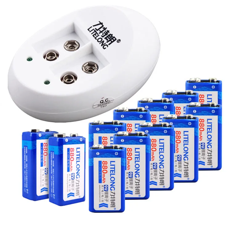 LITELONG 6f22 9 v аккумуляторная батарея, 9 v зарядное устройство+ 12 pcs 9 v 880 mah перезаряжаемая литиевая батарея
