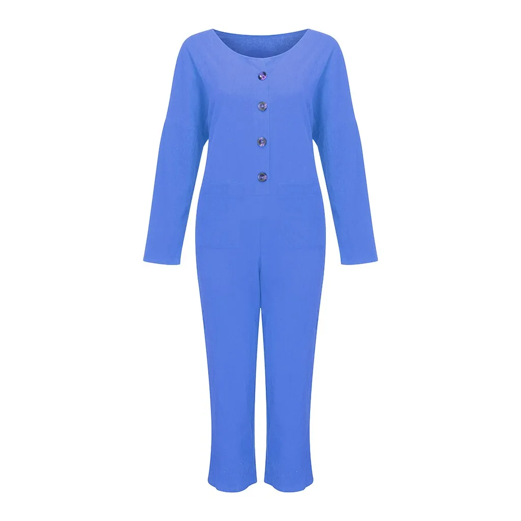 Blue Модный женский летний комбинезон, женские комбинезоны, повседневные одноцветные комбинезоны, женский комбинезон с пуговицами, хлопковый и длинный комбинезон Iinen - Цвет: Blue