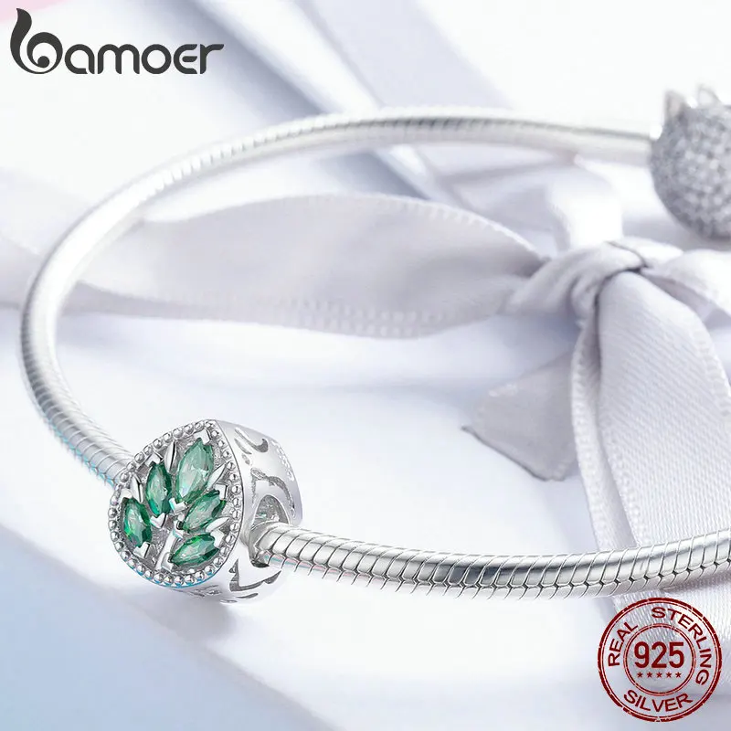BAMOER, настоящий 925 пробы, серебряное дерево, листья, зеленый фианит, очаровательный бисер, подходит для женщин, очаровательный браслет, сделай сам, для изготовления ювелирных изделий BSC005