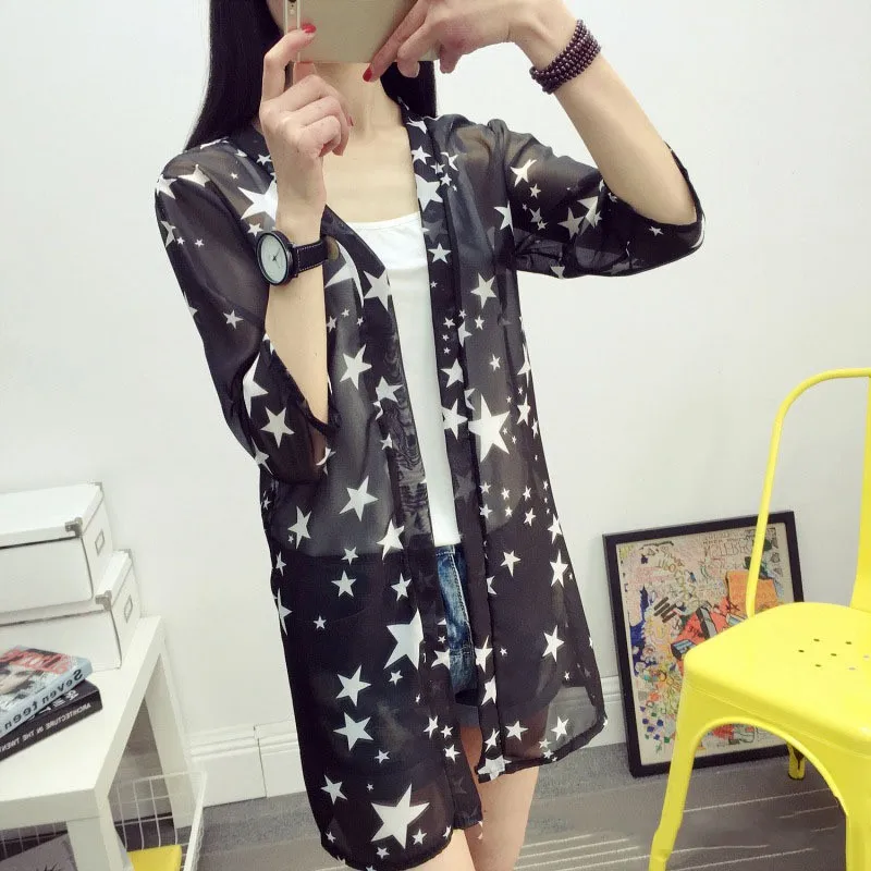 

Women Casual Vintage Kimono Cardigan Ladies 2018 Summer Long Crochet Chiffon Kimono Loose Star Printed Blouse Tops