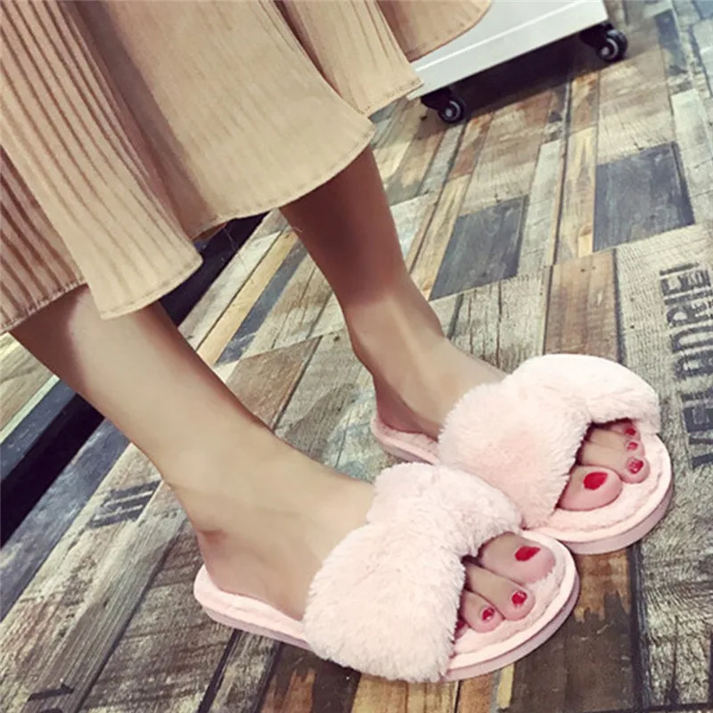 2019 Winter Women's Bow Warm Plush Fur Slippers Female Flat Soft Sliders Home Floor Indoor Bedroom Shoes #40 | Обувь