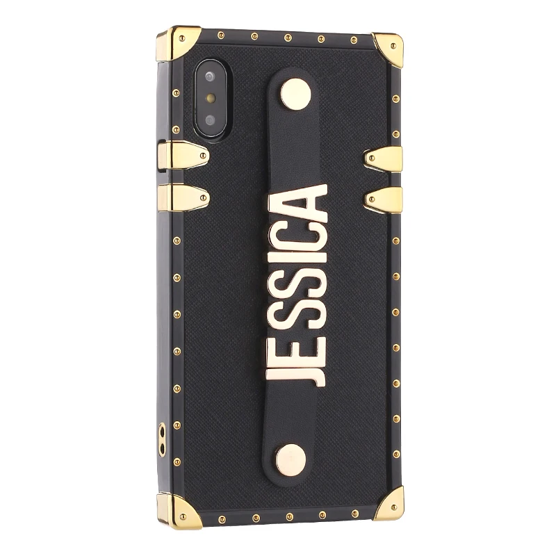 Black Leather For iPhone 11 Pro 6S XS Max XR 7 7Plus 8 8Plus X Custom Leather Trunk Case Holding Strap Gold Metal Personalized Name Phone Case - Цвет: Black Leather