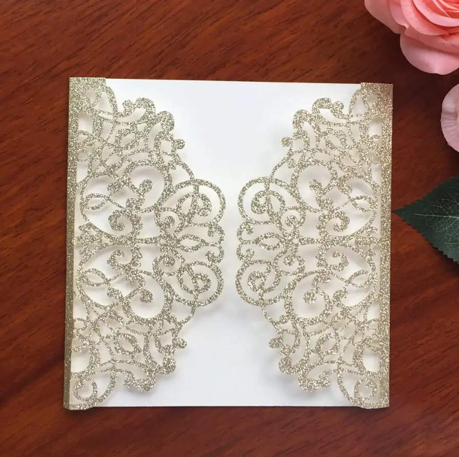 Gold card pocket Лазерная резка под заказ блестящие приглашения на свадьбу с биркой, роскошные свадебные пригласительные открытки, 100 шт, экспресс - Цвет: Gold card pocket