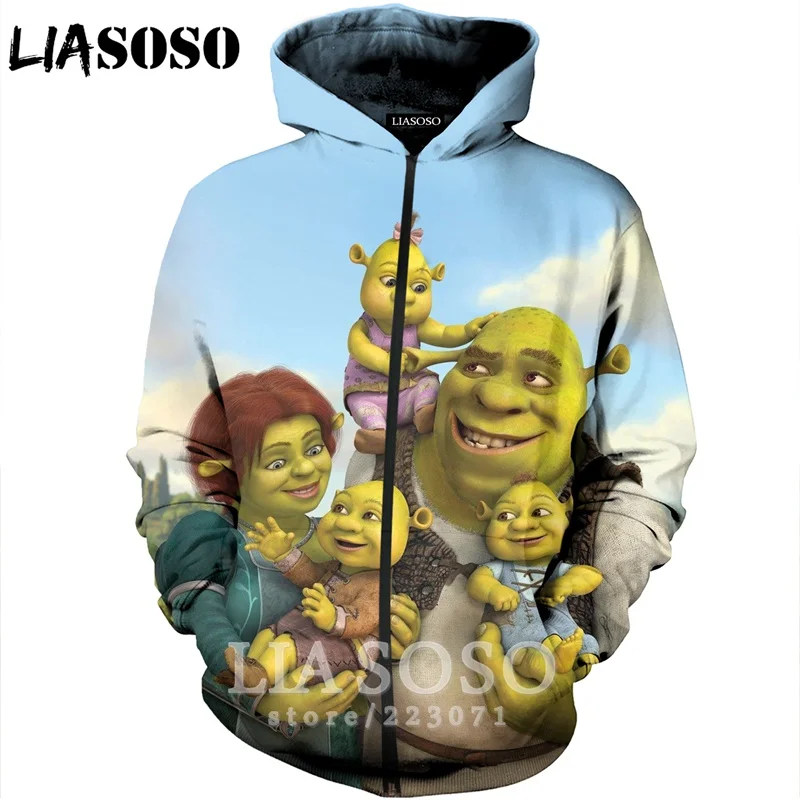 LIASOSO 2019 Новая мода Для мужчин женщин 3D принт аниме Шрек молнии с капюшоном унисекс