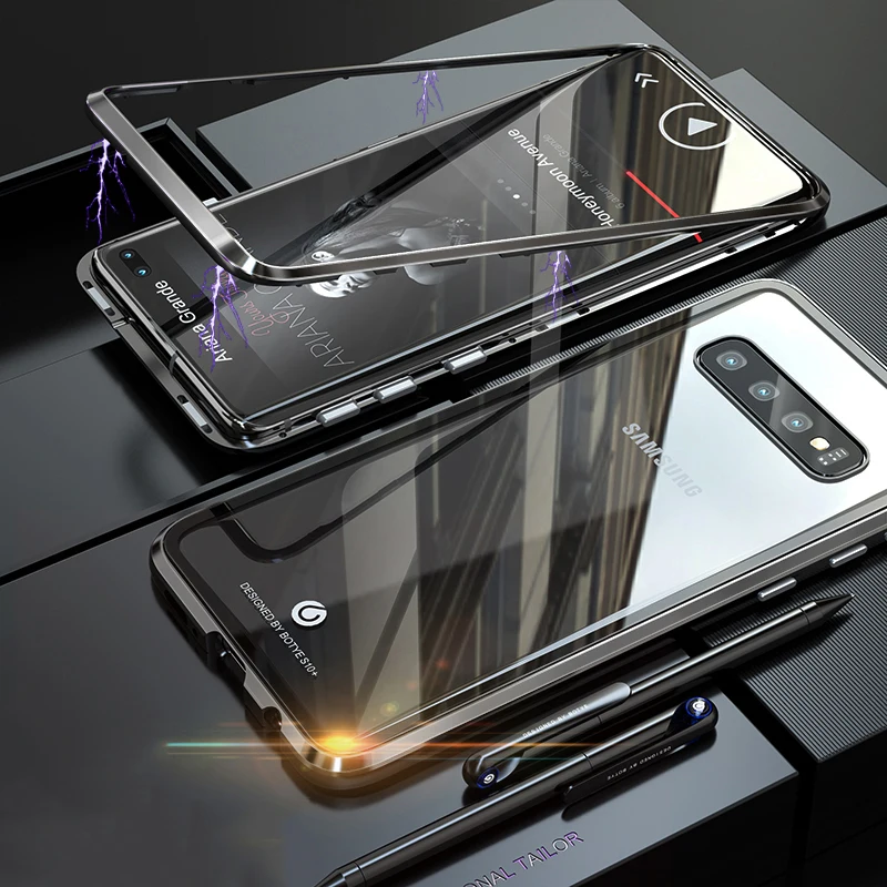 Magnetic Case For Samsung Galaxy S10 Plus S10E 5G Anti-knock Aluminum Metal &amp Back Side Tempered Glass Cover |