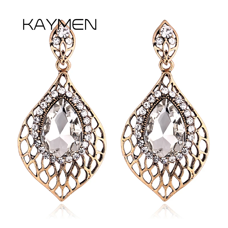 

KAYMEN Fashion Women's Leaf Shape Vintage Earrings Inlaid Rhinestones Antique Gold Plating Statement Ear-ring Eardrop Jewelry