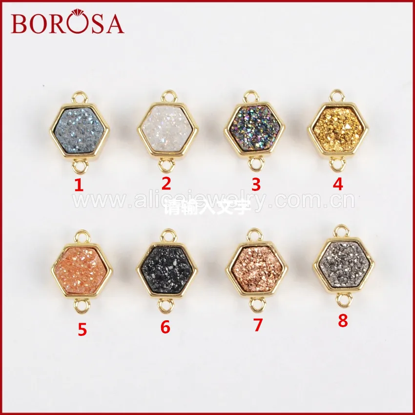BOROSA 10 шт. шестиугольник Drusy золото цвет ободок натуральный камень Титан Радужная Друза разъем двойной Bails Для DIY ювелирных изделий ZG0138