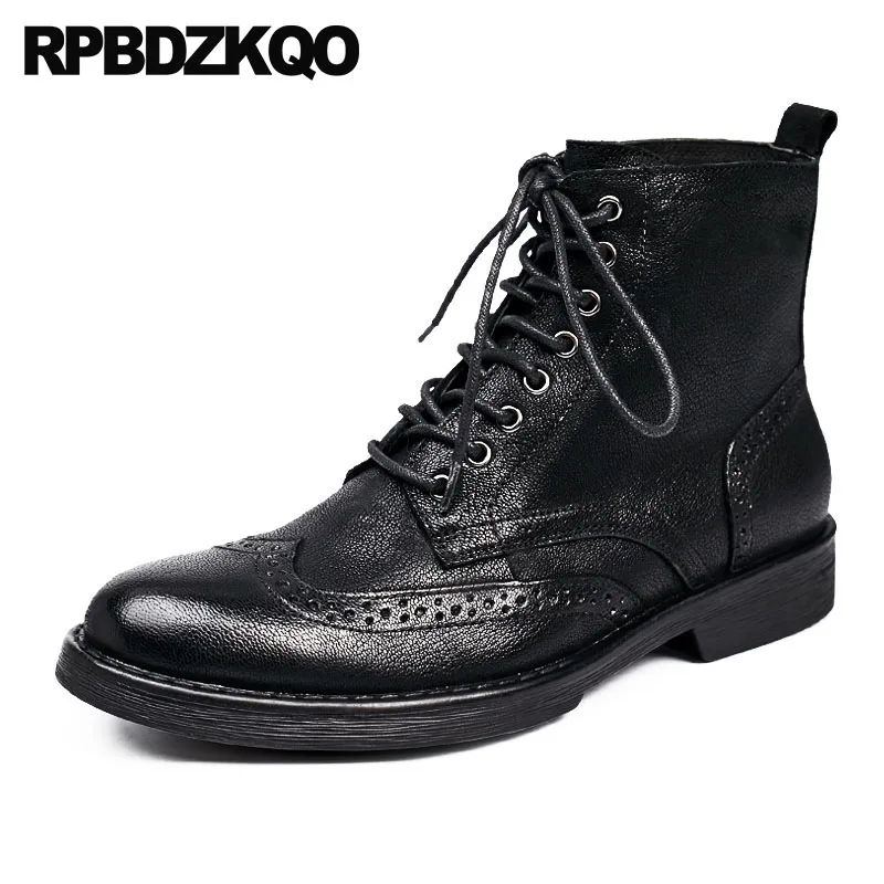 

Army Full Grain Leather Genuine Men Wingtip Ankle Autumn Lace Up Handmade Male Black Brogue Military Retro Combat Boots Shoes