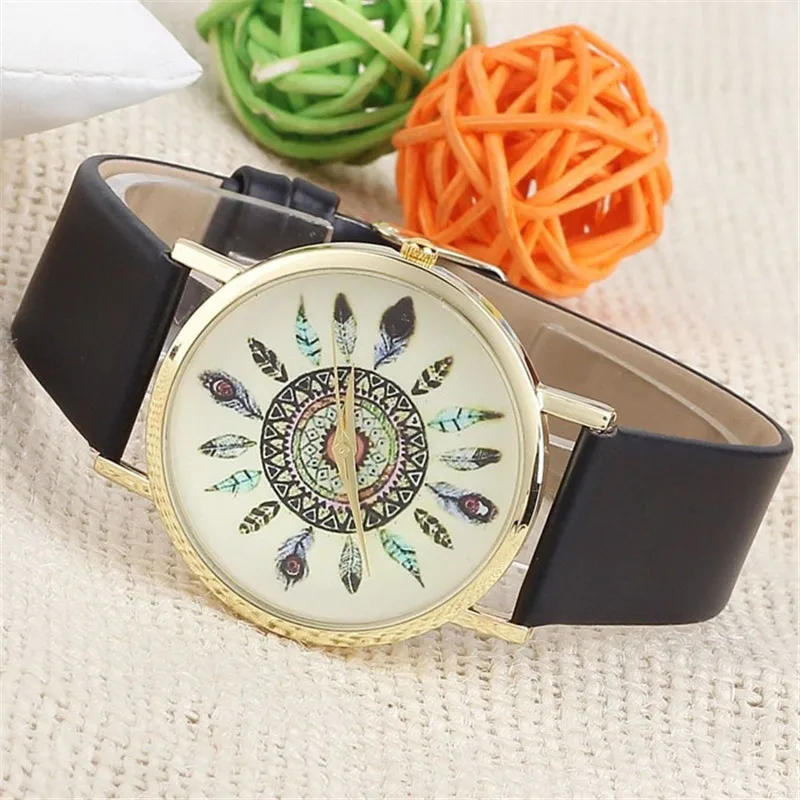 

New Fashion Women men Fashion Vintage Feather Dial Leather Band Quartz Analog Wrist Watches Drop Shipping Feminino