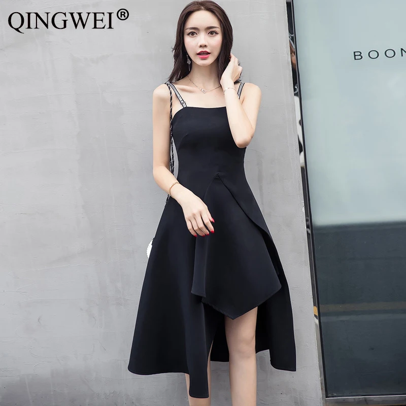 Женское платье на бретельках QINGWEI черное повседневное асимметричное мини с