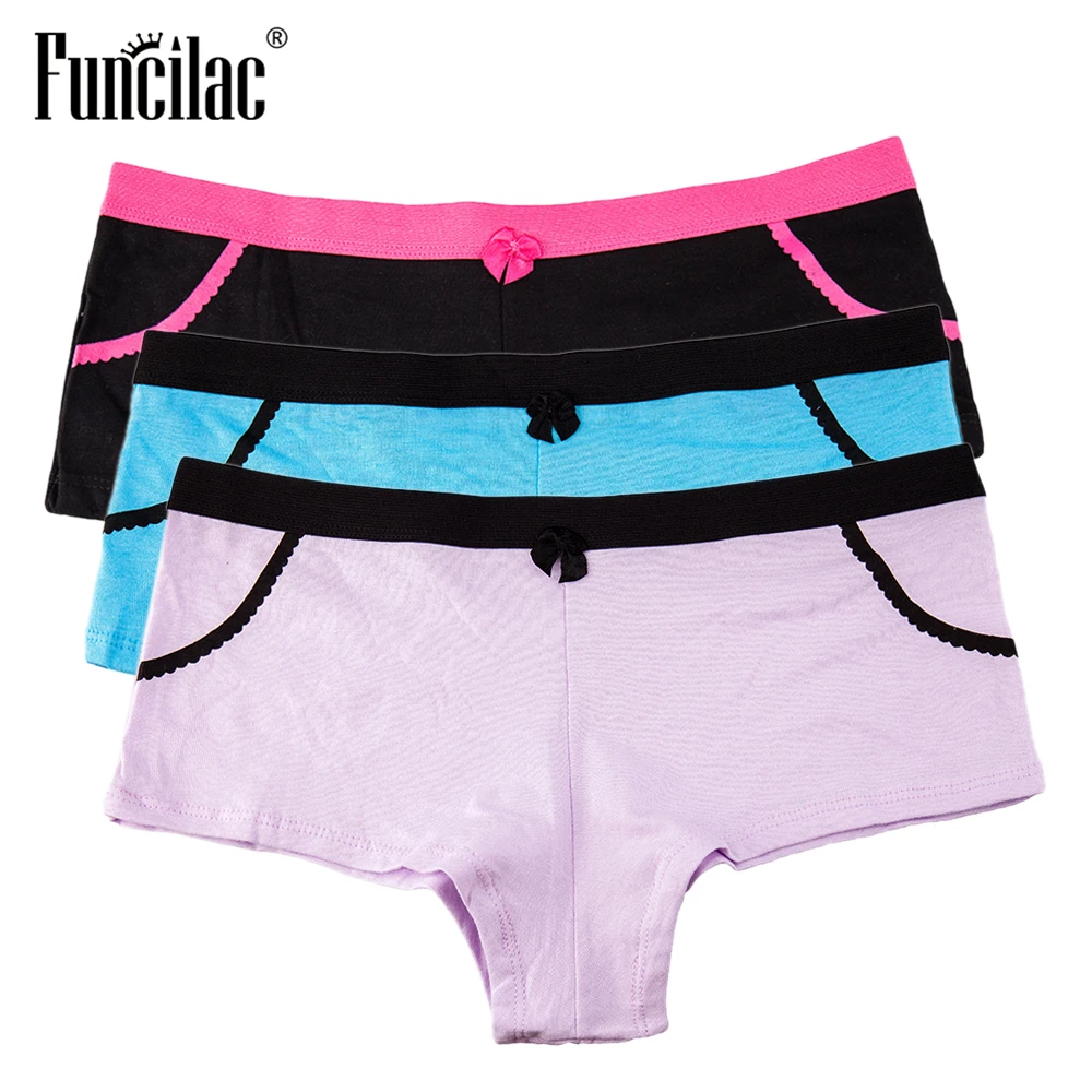 

FUNCILAC Brand Underwear Women Sexy Cotton Boyshorts Simple Solid Panties Girls Bow Underpants ropa interior femenina 3pcs/lot