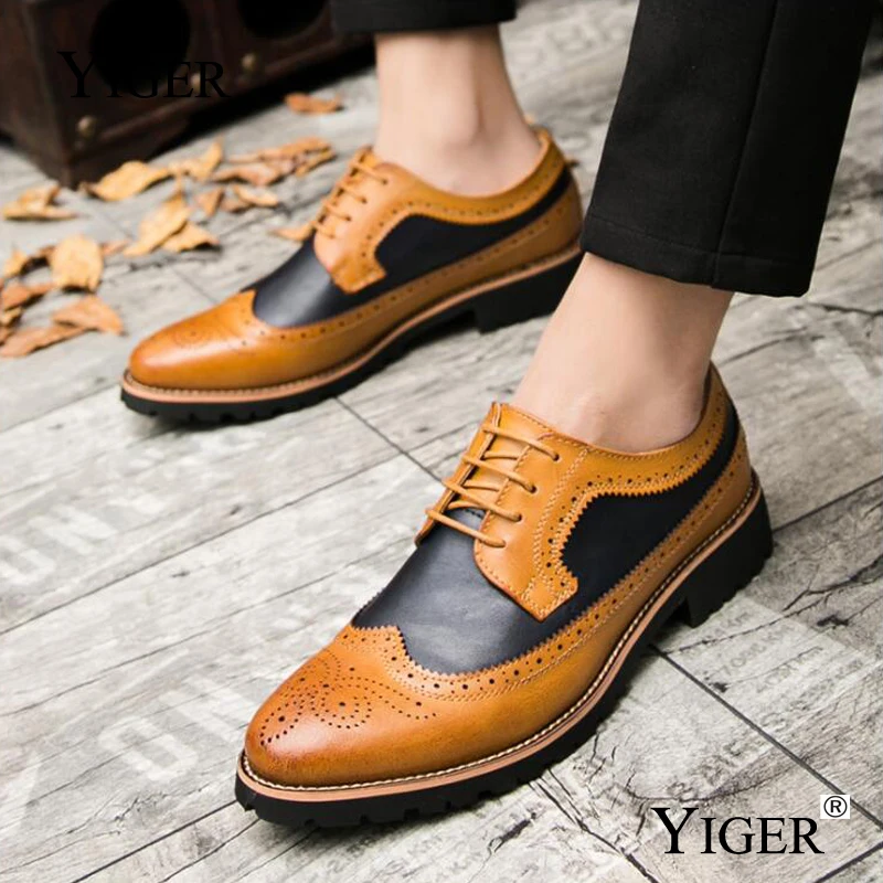 YIGER/Новинка Мужская обувь с перфорацией типа броги Мужские модельные туфли Bullock