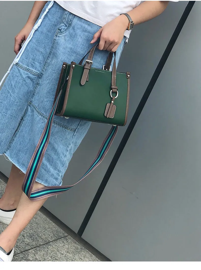 Color Blocking Daily Purse OL Business Tote Bag Genuine Leather Women's Shoulder Bag Small Top-handle Handbag