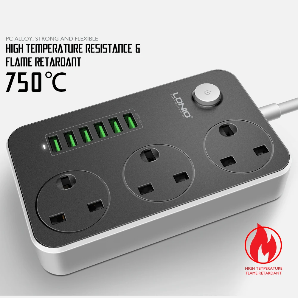 LDNIO 3 розетки комбинированный 6USB универсальный настольный заряд розетка питания 10А Номинальный ток с 2 м Шнур питания для использования дома/офиса