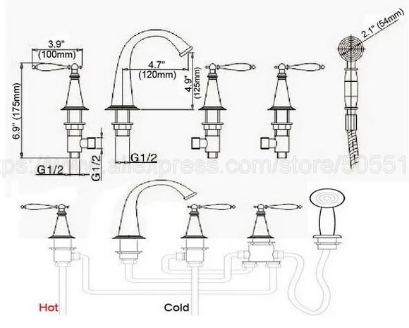 Античная латунь 5 шт. ванная комната кран для раковины с ручной душевой бортикой