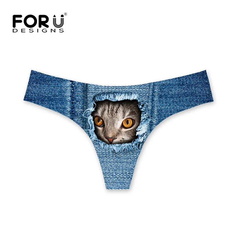 FORUDESIGNS/милое синее женское джинсовое нижнее белье с принтом кота, сексуальные ультра-тонкие трусики, женское нижнее белье с низкой талией - Цвет: C3406AY